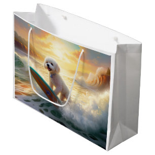 Sacola Para Presentes Grande Pintura de surfe na praia de Bichon Frise