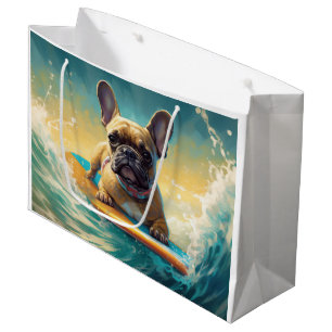 Sacola Para Presentes Grande Pintura de surfe na praia do Buldogue francês