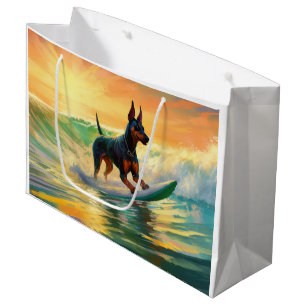 Sacola Para Presentes Grande Pintura de surfe na praia do Doberman