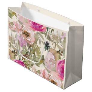 Sacola Para Presentes Grande Pintura em Aquarela Rosa Folhas de Sage Verde Crem