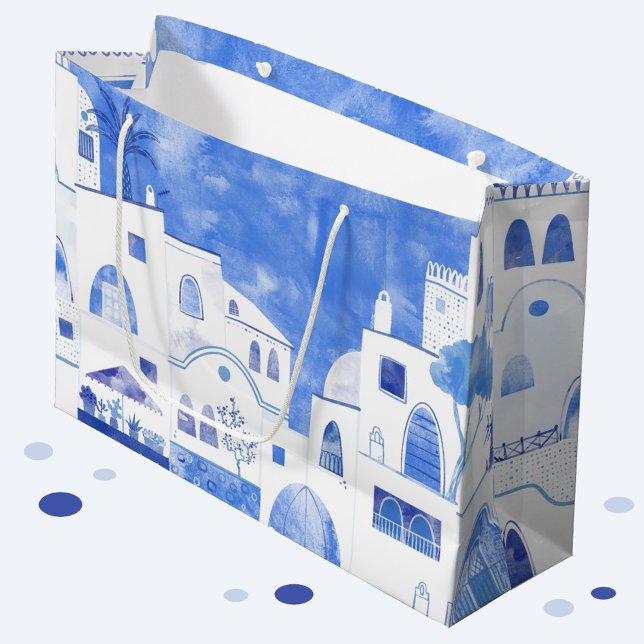 Sacola Para Presentes Grande Pintura por Aquarela Oia Santorini (Large gift bag featuring a blue and white watercolor painting of Santorini)