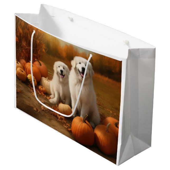 Sacola Para Presentes Grande Pirenéus excelentes Puppy Autumn Delight Pumpkin (Frente inclinada)