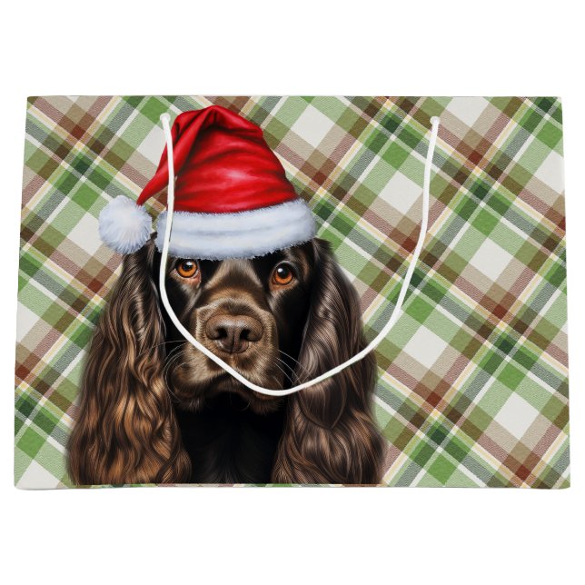 Sacola Para Presentes Grande Plaid Christmas Chocolate Cocker Spaniel Dog  (Frente)