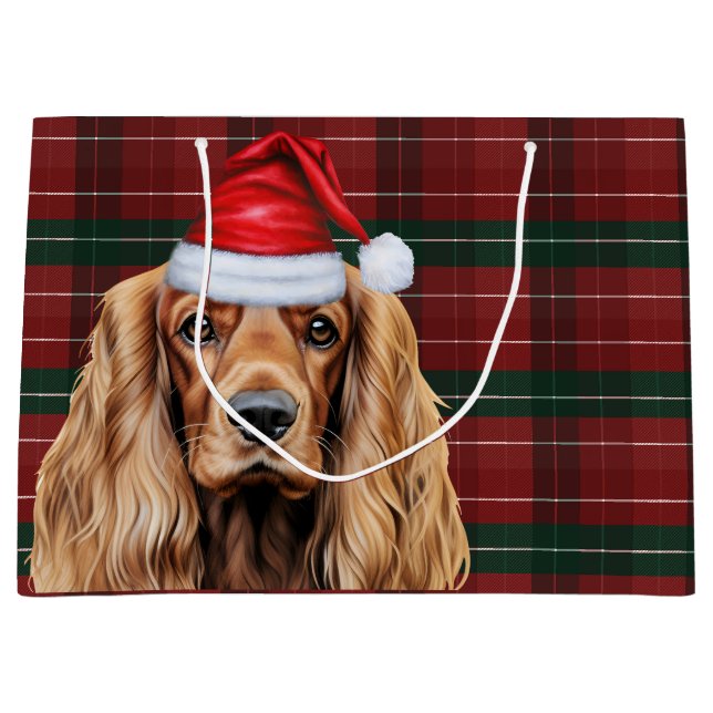 Sacola Para Presentes Grande Plaid Christmas Cocker Spaniel Dog  (Frente)