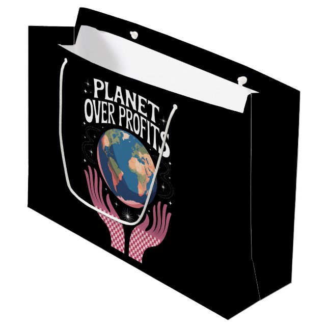 Sacola Para Presentes Grande Planeta Acima dos Lucros A Mudança Climática da Te (Frente inclinada)