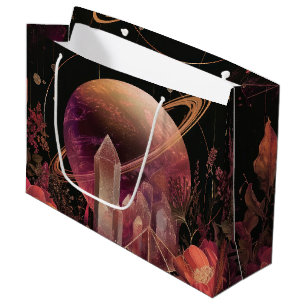 Sacola Para Presentes Grande Planeta Anelado com Cristal Cósmico Arte Fantasia