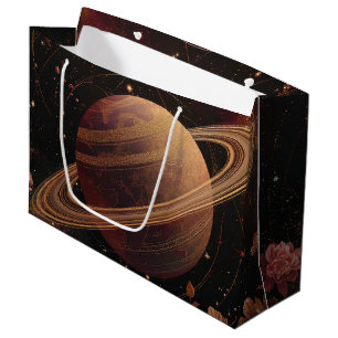 Sacola Para Presentes Grande Planeta Anelado com Cristal Cósmico Arte Fantasia