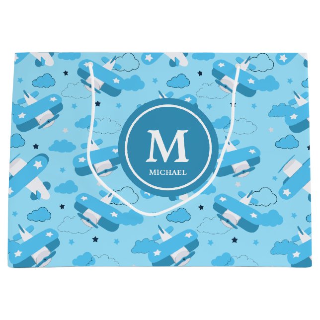 Sacola Para Presentes Grande Planos brancos e azuis e nuvens Monograma (Frente)