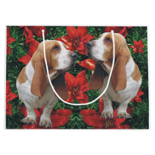 Sacola Para Presentes Grande Poinsétias do Natal de Basset Hound