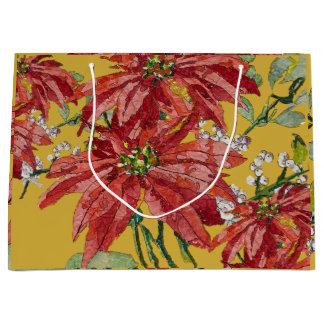 Sacola Para Presentes Grande Poinsettia Dourada | Natal de Arte Fina