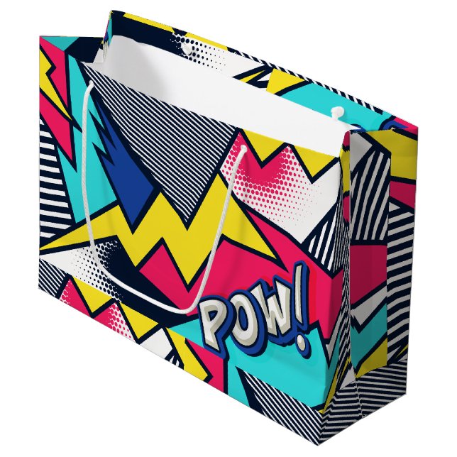 Sacola Para Presentes Grande Pop Art Pow! Padrão em magenta, azul e preto (Frente inclinada)