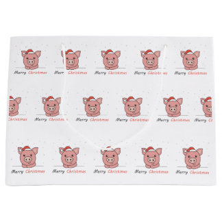 Sacola Para Presentes Grande Porcos de inverno com neve de Natal