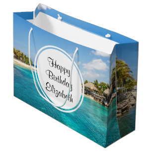 Sacola Para Presentes Grande Praia Cênica Tropical com Aniversário Thatch Hut