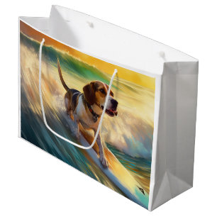 Sacola Para Presentes Grande Praia de Beagle Surfando Pintura