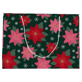 Sacola Para Presentes Grande Preppy Christmas Poinsettias & Snowflake Gift Bag