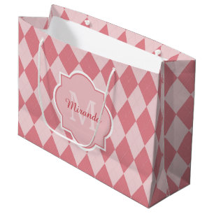 Sacola Para Presentes Grande Preppy Rosa claro Argyle Girly Monograme Nome