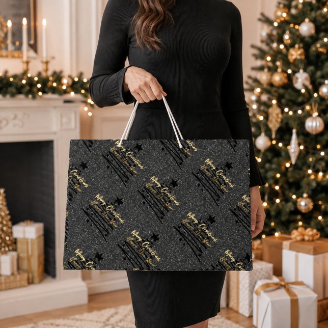 Sacola Para Presentes Grande Preto Brilhante Dourado Feliz Natal Ano Novo Feliz (Criador carregado)