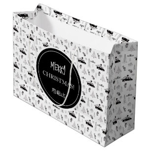 Sacola Para Presentes Grande Preto e Branco do Natal Moderno Personalizado