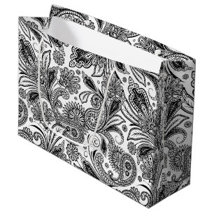Sacola Para Presentes Grande Preto e branco paisley