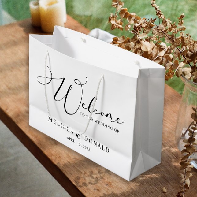 Sacola Para Presentes Grande Preto Moderno Simples Script Boas-vindas Casamento (Criador carregado)