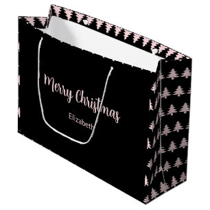 Sacola Para Presentes Grande Preto Whimsical e Rosa, Merry Árvores de Natal Nom