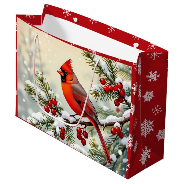 Sacola Para Presentes Grande Pretty Christmas Cardinal and Snowflakes Christmas (Frente inclinada)