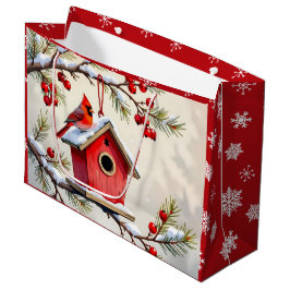Sacola Para Presentes Grande Pretty Christmas Cardinal & Birdhouse Snowflakes
