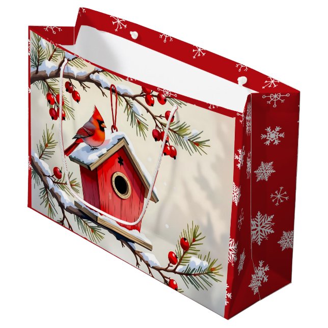 Sacola Para Presentes Grande Pretty Christmas Cardinal & Birdhouse Snowflakes (Frente inclinada)