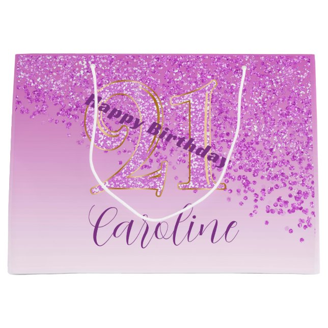 Sacola Para Presentes Grande Pretty Falling Pink Glitter 21st Birthday (Frente)