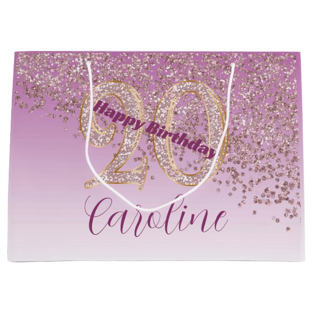 Sacola Para Presentes Grande Pretty Falling Rose Gold Glitter 20th Birthday (Frente)