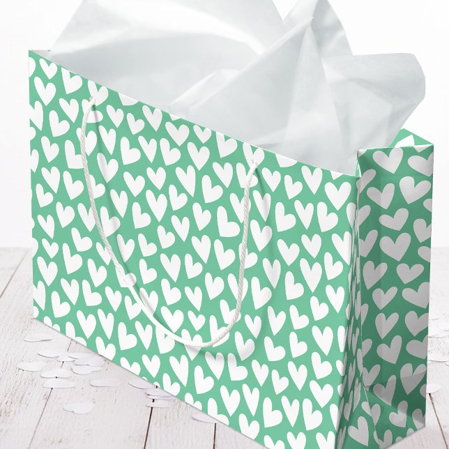 Sacola Para Presentes Grande Pretty Love Heart Pattern Mint White Valentine (Criador carregado)