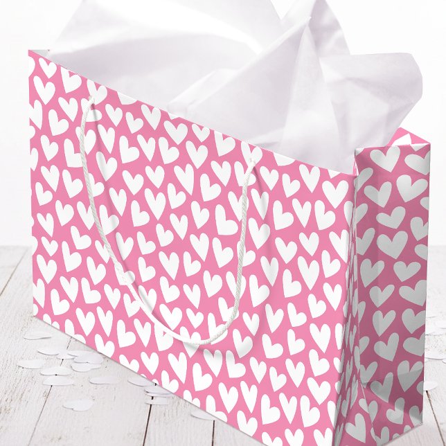 Sacola Para Presentes Grande Pretty Love Heart Pattern Pink White Valentine (Criador carregado)