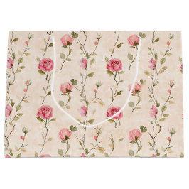 Sacola Para Presentes Grande Pretty Pink Cream Roses Floral Bridal Shower
