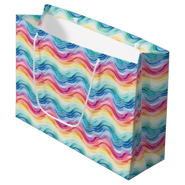 Sacola Para Presentes Grande Pride Wavy Rainbow Stripes Pattern (Frente inclinada)
