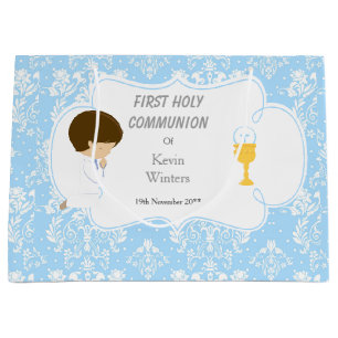 Sacola Para Presentes Grande Primeira Comunhão Brunette Blue Damask