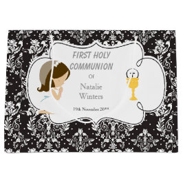 Sacola Para Presentes Grande Primeira Comunhão Brunette Hair Girl Obrigado