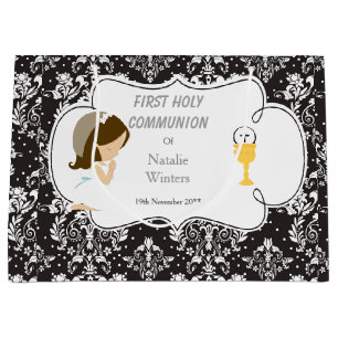 Sacola Para Presentes Grande Primeira Comunhão Brunette Hair Girl Obrigado