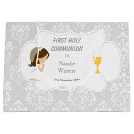 Sacola Para Presentes Grande Primeira Comunhão Brunette Hair Girl Obrigado