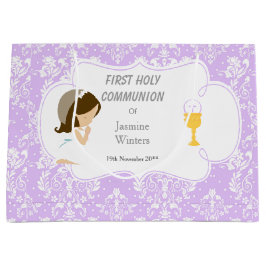 Sacola Para Presentes Grande Primeira Comunhão Brunette Hair Girl Obrigado
