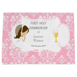 Sacola Para Presentes Grande Primeira Comunhão Brunette Hair Girl Obrigado