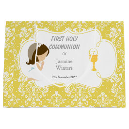 Sacola Para Presentes Grande Primeira Comunhão Menina Morena Damasco Dourado