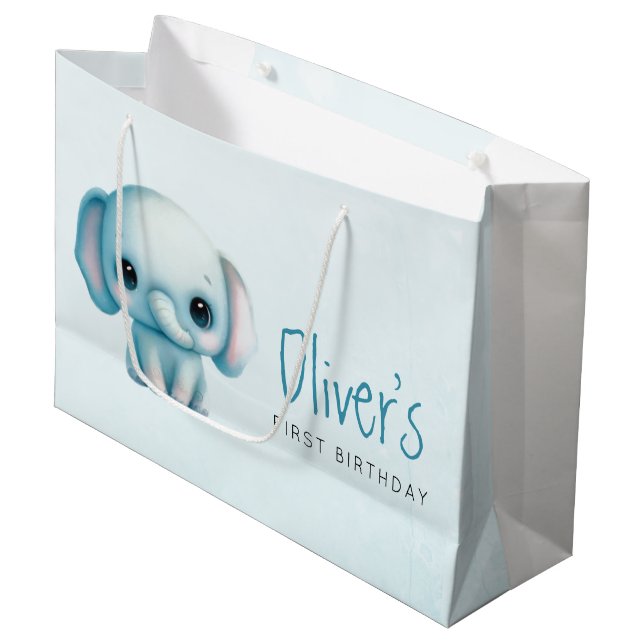 Sacola Para Presentes Grande Primeiro aniversario de elefante (Frente inclinada)