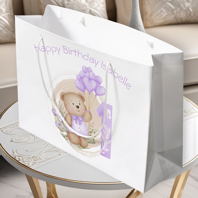 Sacola Para Presentes Grande primeiro aniversario Rapariga Nome Roxo Saco do Pr (Cute Personalized Name 1st Birthday Girl Purple Gift Bag)