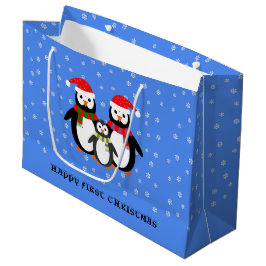 Sacola Para Presentes Grande Primeiro Natal texto personalizado pinguins azul