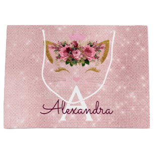 Sacola Para Presentes Grande Princesa Rosa Kitten Rosa Dourada Leve Rosa Rosa