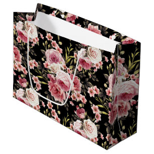 Sacola Para Presentes Grande Profusão do rosa do rosa - fundo preto