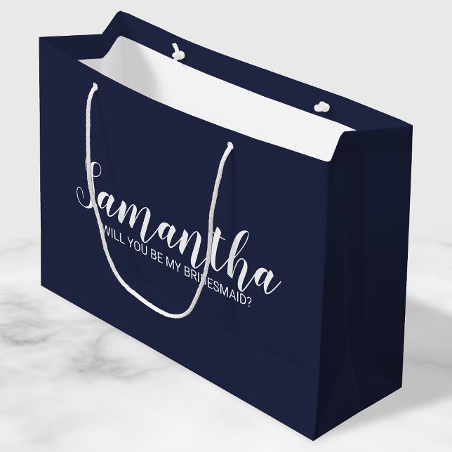Sacola Para Presentes Grande Proposta de Bridesmaid | Marinho de Script Moderno (Criador carregado)