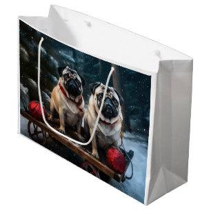 Sacola Para Presentes Grande Pug Snowy Sleigh Decoração de Natal