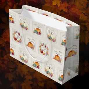 Sacola Para Presentes Grande Pumpkin Watercolor Flores de Outono em Queda Folha