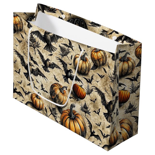 Sacola Para Presentes Grande Pumpkins, Crows e Bats Halloween Padrão (2) (Frente inclinada)